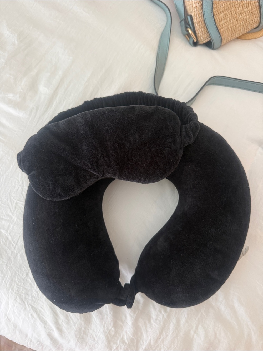 Plush Black Travel Neck Pillow with Eye Mask